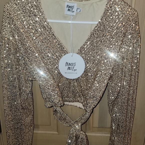 NWT Princess Poly Champagne Color Sz 0 Shrug Cropped Shirt Beaded - Picture 7 of 7